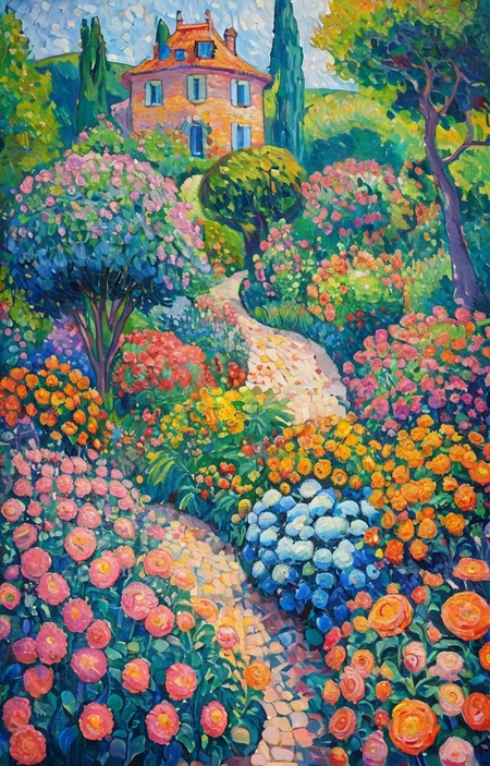 masterpiece,best quality,<lora:tbh130-sdxl:0.7>,spaceship in flower garden,illustration,oil painting,style of Paul Signac,