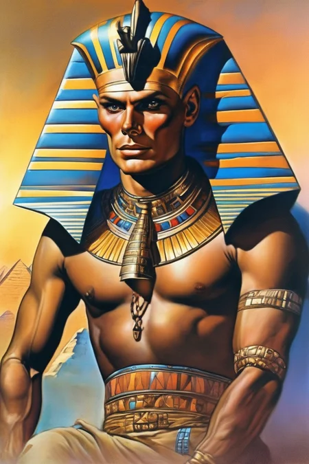portrait close up of Yul Brynner as Pharaoh, desert and pyramids background, ancient egypt scene <lora:Fantasy_art_XL_V1:0.75> stunning fantasy art by boris vallejo