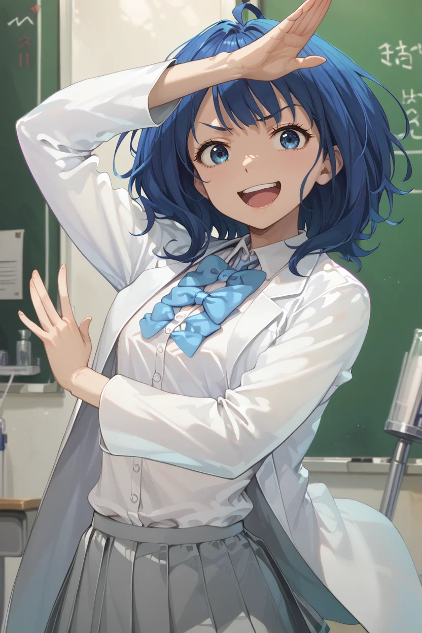 score_9, score_8_up, score_7_up, masterpiece, best quality, 1girl, solo,
<lora:yanami anna_makein_PONY_last:0.8> anna-default, yanami anna, blue eyes,blue hair, medium hair,school uniform, white shirt, bowties,grey skirt,pleated skirt, short sleeves,
labcoat, frowns, open mouth, broad smile,
<lora:Rintarou_Okabe_Pose_Pony:1> Rintarou_Okabe_Pose