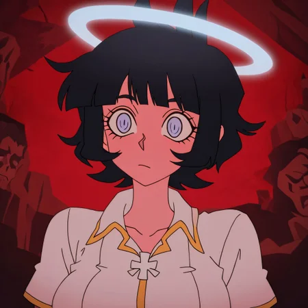 masterpiece, best quality, newest, absurdres, highres, vintage anime, 90s anime, DevManV1.0-IL, 1girl, azazel_(helltaker), short hair, black hair, halo, white shirt,