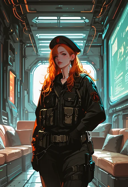 1girl,   orange hair,  long hair,     beige eye,   plump,  
BREAK   1girl, standing,         
BREAK                    military, tactical clothes, armor, beret,  couch, dark, indoors, neon lights, (science fiction, cyberpunk),      
BREAK general, masterpiece, best quality, absurdres, highres, newest, <lora:ponyv6_noobV1_2_adamW:0.7>, <lora:VICE_v1.0:0.9>
