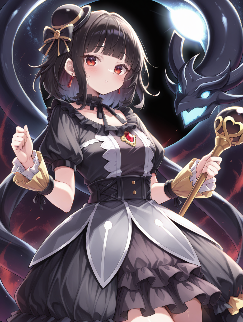blunt bangs,moon of the closed heaven,solar eclipse,dark theme,1girl,solo,space,red earrings,holding staff,staff,looking at viewer,blush,black frilled choker,black mini hat,black princess dress,yellow wrist cuffs,black dragon,1other,
masterpiece,best quality,amazing quality,very aesthetic,apussbsurdres,newest,<lora:Moon of the Closed Heaven illuXL v1.1:0.72>,