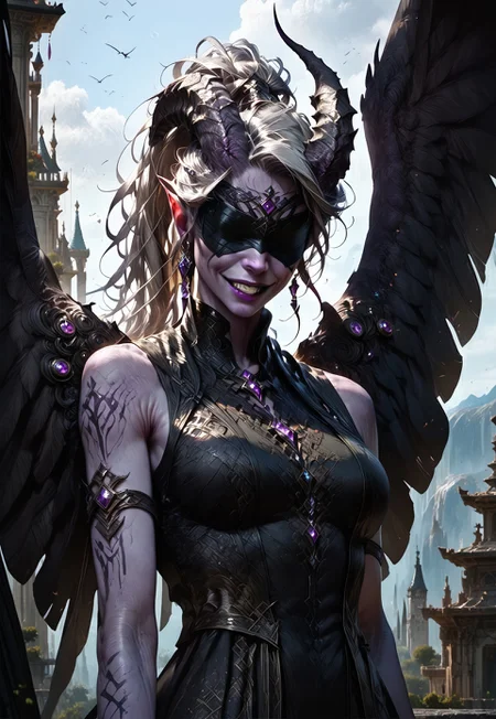 (absurdres, best quality, masterpiece:1.4), 
score_9, score_8_up, score_7_up, score_6_up, 
detailed, 
detailed body, 
detailed face, 
fantasy, 
alone, 

female, 
tiefling, 
h0rns, 
ram horns, 
black horns, 
tall, 
((((purple skin)))), 
((long grey hair, ponytail)), 
(((wingsd, black wings))),

one arm above head, 
soft smile,

(white robe, sleeveless, 
blindfold, black cloth blindfold), 

depth of field, 
outdoors, 
mountain temple, 
upper body