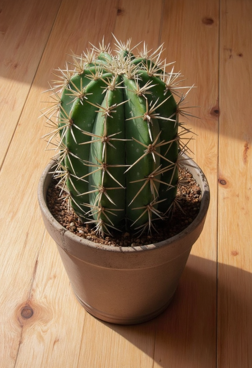 photorealistic painting of a potted cactus on a wood panel floor. Detailed spines, some small brown patched on the surface, soft light <lora:hyperrealism-000103:1>