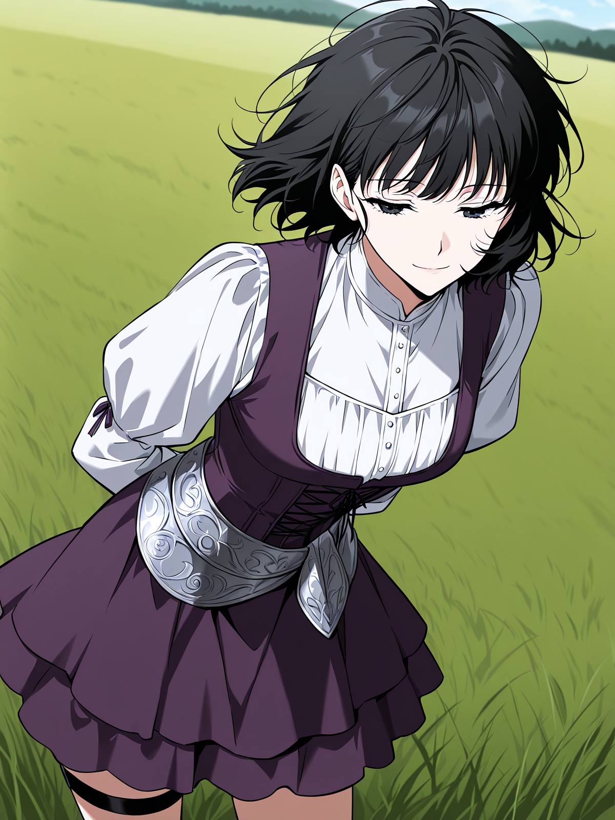 <lora:Omniscient Reader's Viewpoint _ Han Sooyoung_epoch_7:1>
1 girl, solo, short hair, messy hair, black hair, black eyes, 
purple corset dress, white puff sleeve blouse, decorative silver waist sash, layered skirt, sleeveless overdress, long sleeve underblouse, black thigh strap, medieval style outfit,
score_9, score_8_up, score_7_up, very aesthetic, source_anime, detailed, high quality, beautiful, masterpiece, detailed eyes, field, blurry background, pose dynamic angle, upper body, cowboy shot, light smile, floating hair, half-closed eyes, hands behind back, leaning forward, looking forward, looking at viewer