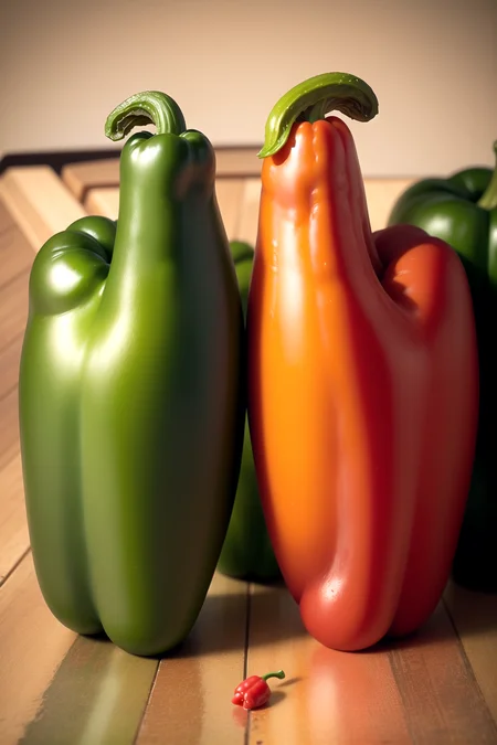 a green pepper to the left of a red pepper