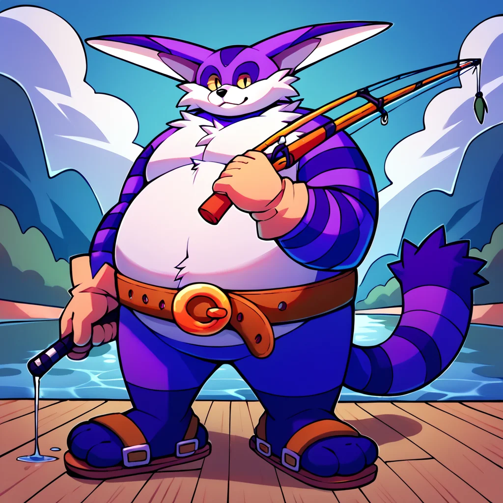 score_9, score_8_up, score_7_up, score_6_up, score_5_up, score_4_up, source_furry, <lora:Big_The_Cat_V2_Sonic_The_Hedgehog_PonyXL:1> big the cat, big, cat, furry, fat, obese, purple skin, white fluffy belly, yellow sclera, long ears, stripey arms, stripey tail, gloves, belt, sandals, three toes, purple feet, fishing, looking at viewer, lake background