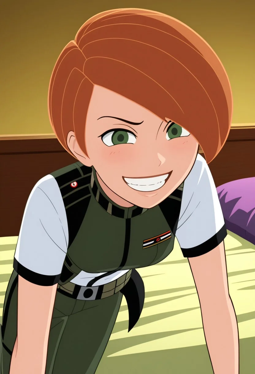 kim, navel, midriff, small breasts,
New mission outfit,
solo, short, athletic, blushing, expressiveh, close up view down shirt, bent over, chest focus view, bedroom,
bedroom, on bed, naughty look, grin