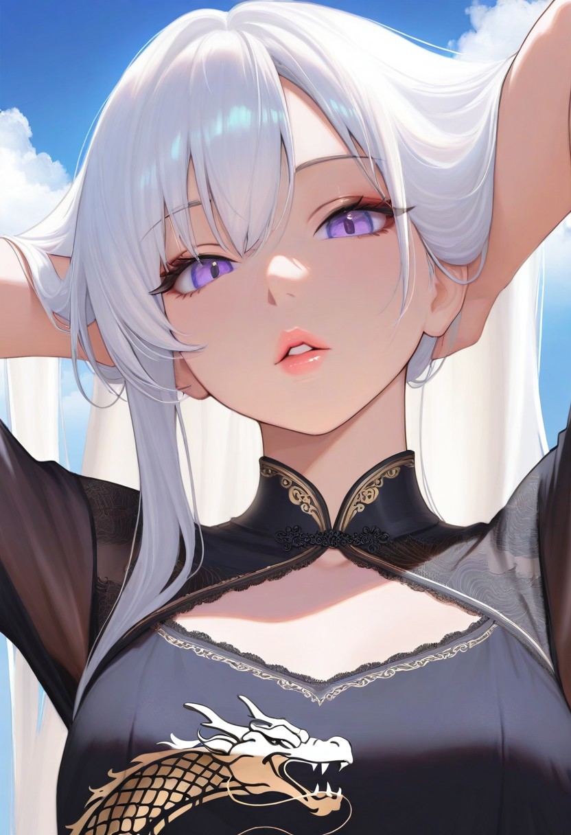 1girl,, sky, white hair, long hair, masterpiece, purple eyes, noble, parted lips, soft lips, luscious lips, glossy lips, looking at viewer, Western black dress, dragon print, outdoors, arms behind head, adjusting hair, cloud, volumetric lighting, blue sky, portrait, upper body,