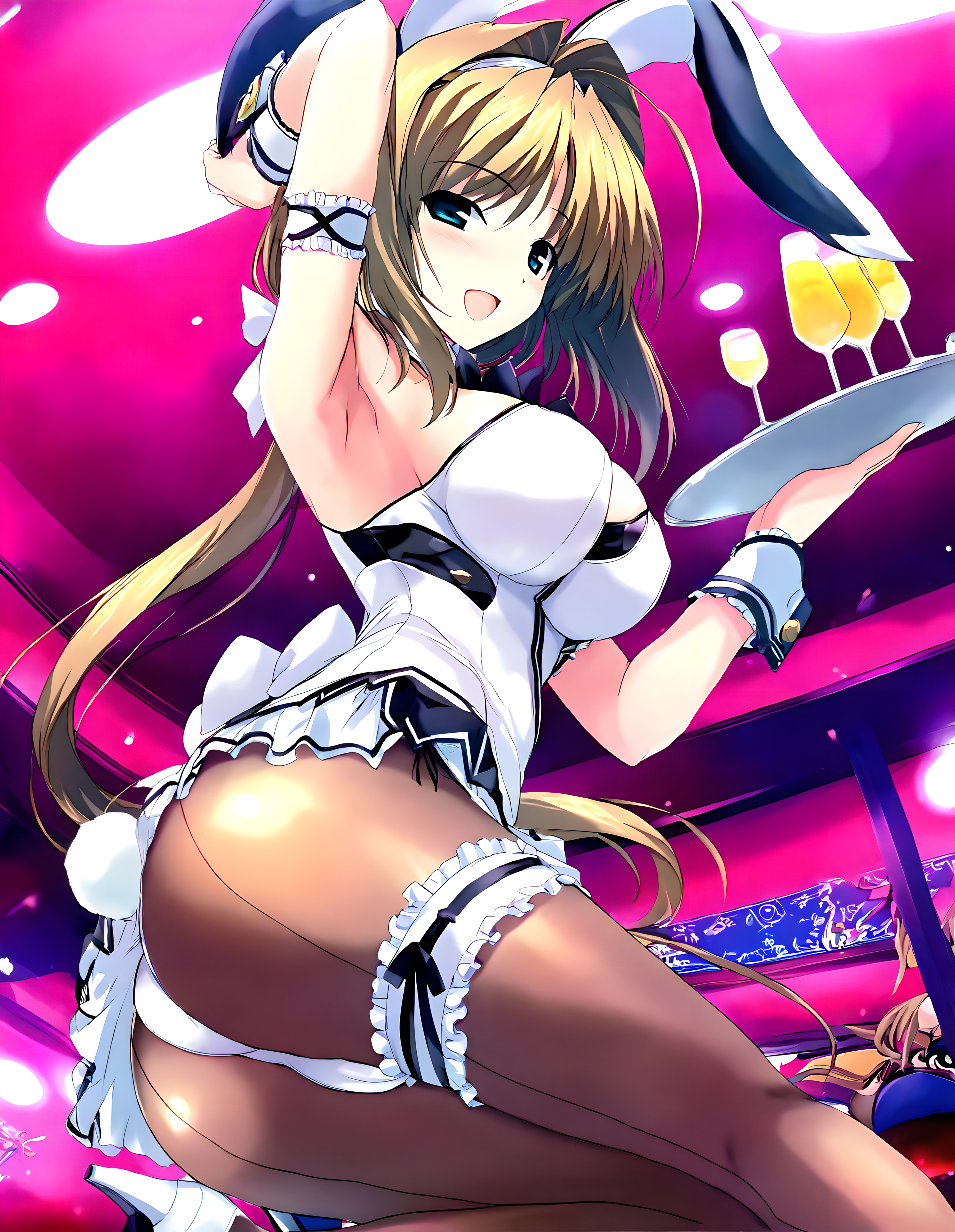 <lora:illustrious_XL_takamori:0.9>,takamori,masterpiece,best quality,good quality,1girl,solo,hair intakes,ahoge,playboy bunny,rabbit ears,rabbit tail,fake animal ears,wrist cuffs,skirt,pantyhose,bridal garter,high heels,cup,drinking glass,arm up,armpits,tray,looking at viewer,smile,open mouth,
