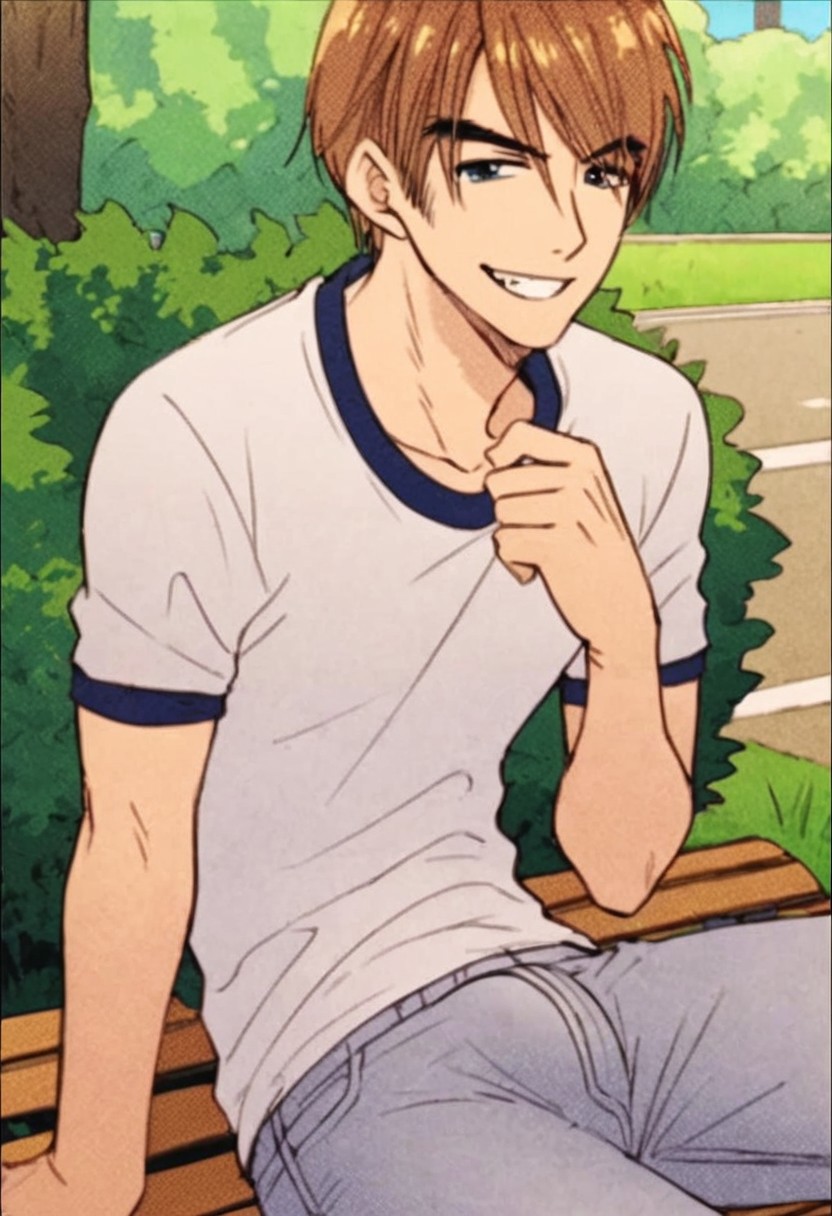 score_9, score_8_up, score_7_up, anime_source, official artstyle, anime screencap, highly detailed, 1boy, perfect composition, good shading, male focus, 1boy, solo, outdoors, park, sitting on bench, smug grin, box of condoms in hands, penis visible through pants, bulge, erection, ozaki guy, brown hair, short hair, male focus, solo,