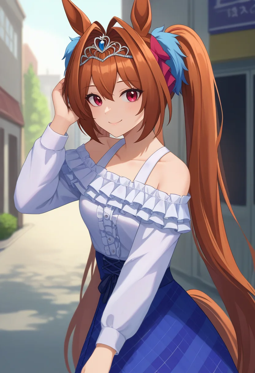 score_9, score_8_up, score_7_up, source_anime, rating_safe, solo, 1girl, daiwacasual, smile, looking at viewer, hand in own hair, twintails, tiara, horse ears, frills, white shirt, off-shoulder shirt, blue skirt, plaid, horse tail, outdoors, city street <lora:umamusume_daiwascarlet_ponyXL:1>