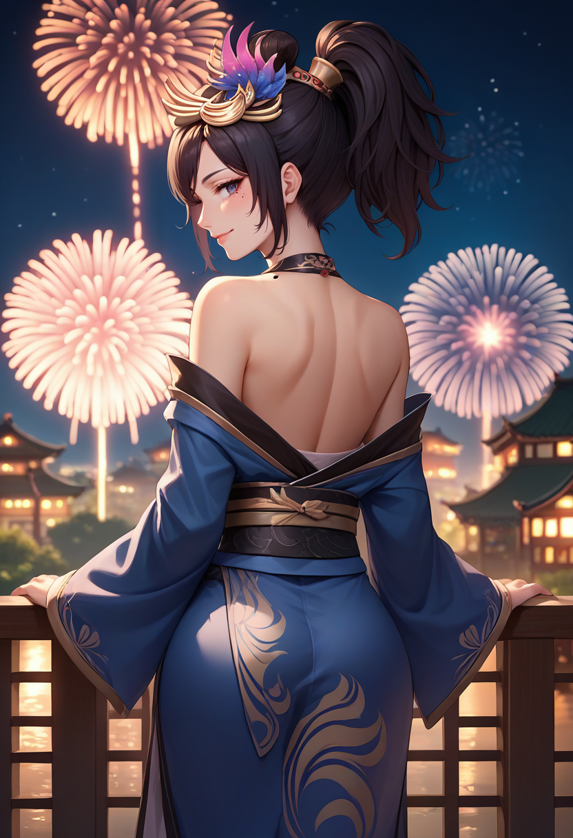 score_9, score_8_up, score_7_up, source_anime, from behind, solo, 1girl, zhenji, mole under eye, smile, looking back, ponytail, hair ornament, blue kimono, off shoulder, black sash, bare shoulders, fireworks <lora:dynastywarriors9_zhenji_ponyXL:1>