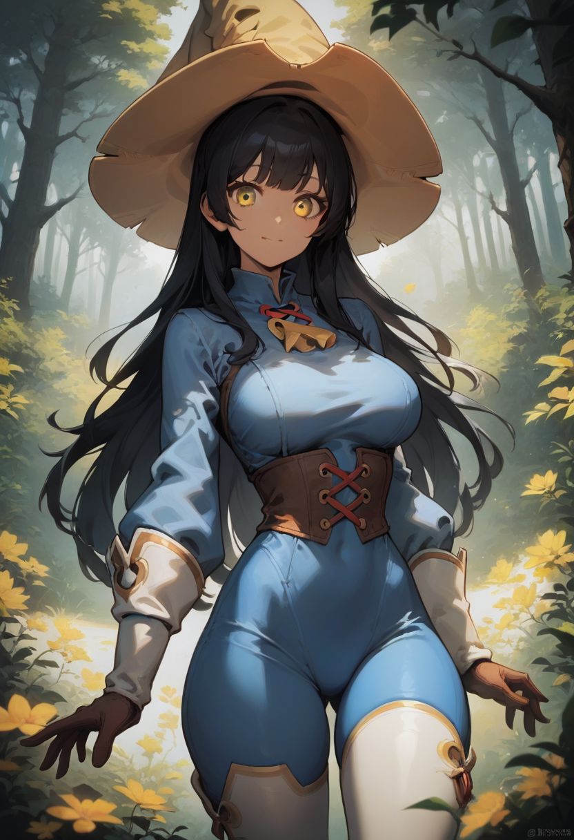 score_9, score_8_up, score_7_up, source_cartoon, looking at viewer, hourglass figure, face focus,
1 girl, solo girl, pretty face, cute girl, large breasts, black hair, long hair, bangs, yellow eyes, 
meadow, forest,
bmcostume, tight clothes, cowboy shot