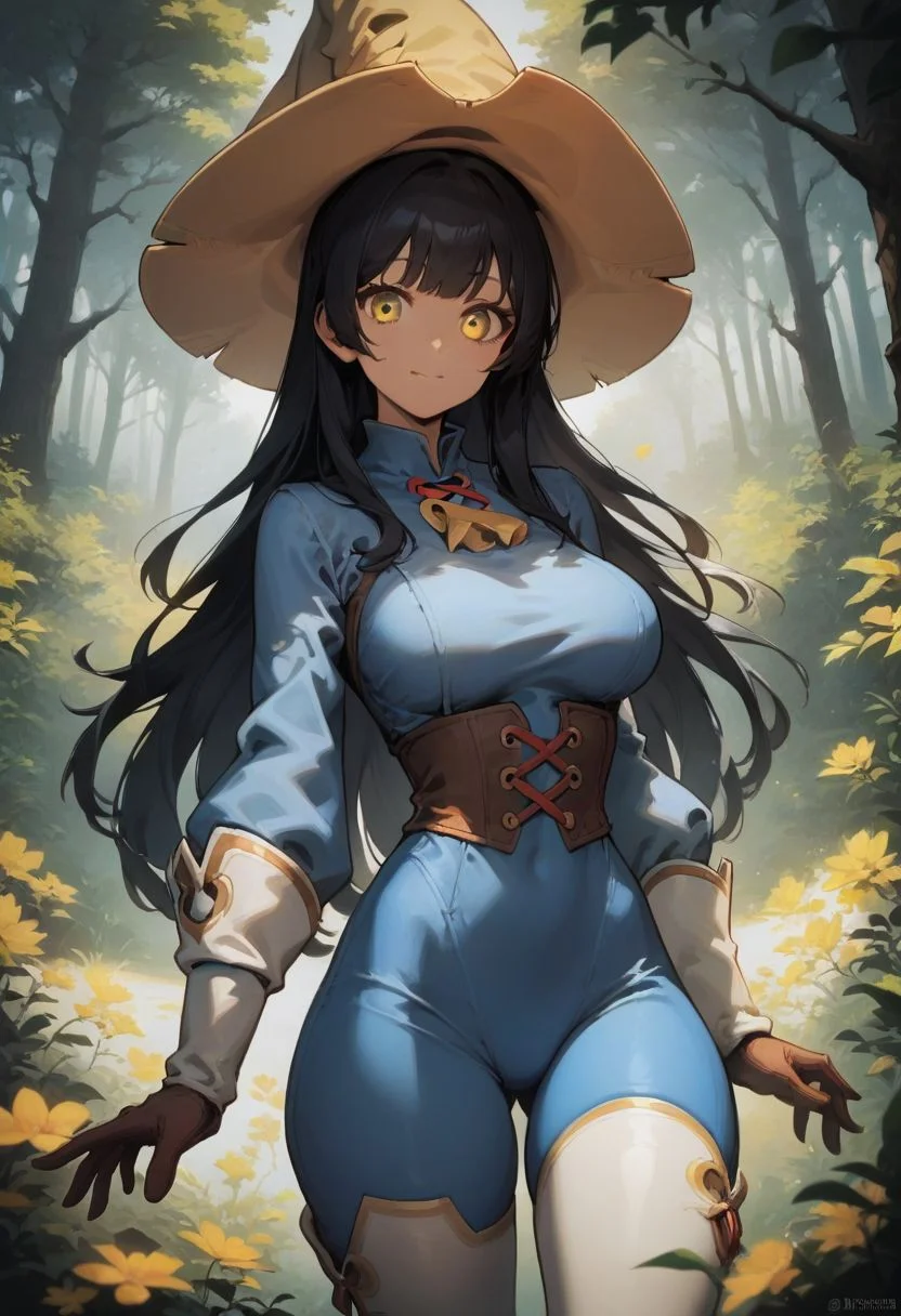 score_9, score_8_up, score_7_up, source_cartoon, looking at viewer, hourglass figure, face focus,
1 girl, solo girl, pretty face, cute girl, large breasts, black hair, long hair, bangs, yellow eyes,
meadow, forest,
bmcostume, tight clothes, cowboy shot