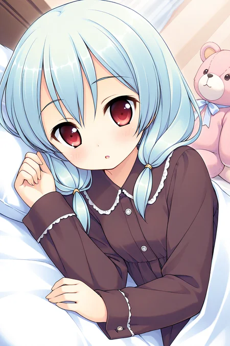 masterpiece, best quality, absurdres, official art, official style, general BREAK <lora:sawatarinanagi_IL_v1-2:0.7>, sawatari nanagi, 1girl, solo, red eyes, aqua hair, blue hair, hair between eyes, long hair, short twintails, low twintails, hair tie, petite, flat chest, sleepwear, brown dress, collared dress, long sleeves, yellow line, yellow wrist cuffs, buttons, blush, :3, :o, lying, on side, under covers, stuffed bunny, looking at viewer, frilled pillow, bed sheet, open mouth, blanket, close-up, upper body, parted lips, sleeping, teddy bear, stuffed penguin, indoors, curtains, bedroom, sunlight, embarrassed, shy