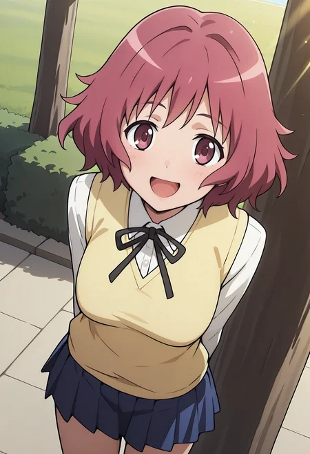 best quality, amazing quality, perfect quality, high quality, masterpiece, absolutely eye-catching BREAK
<lora:Toradora_-_Sakura_Kano:1> ToradoraSakura, dark pink eyes, dark pink hair, short hair, wispy bangs, medium breasts BREAK
school uniform, black neck ribbon, yellow vest, white shirt, long sleeves, blue pleated skirt BREAK
outdoors, school, trees, sunbeam BREAK
1girl, solo, standing, arms behind back, smile, open mouth, looking at viewer, from above, dutch angle, cowboy shot