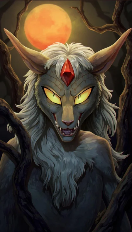 <lora:ck-LttleGhost-000011.safetensors:1> in the style of ck-lttlegh0stThe creature's appearance is a masterclass in dark beauty: glowing yellow eyes, sharp teeth, scale-like skin, and flowing silver-blonde hair. A prominent red gemstone on its forehead adds to its menacing aura, which is further enhanced by the eerie background of twisted branches and an oversized sun.