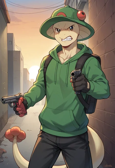 score_9, score_8_up, score_7_up, source_cartoon, flat cartoon, solo, 1boy, sexy boy, mature male, Breloom, mushroom head, two claws, tail, Pokemon (creature), green body, green hoodie, hood up, black pants, backpack, baseball cap, legs together, portrait, straight teeth, angry, clenched teeth, black gloves, outdoors, sunrise, between buildings, alley, right pistol, aiming weapon, aiming at viewer, aiming