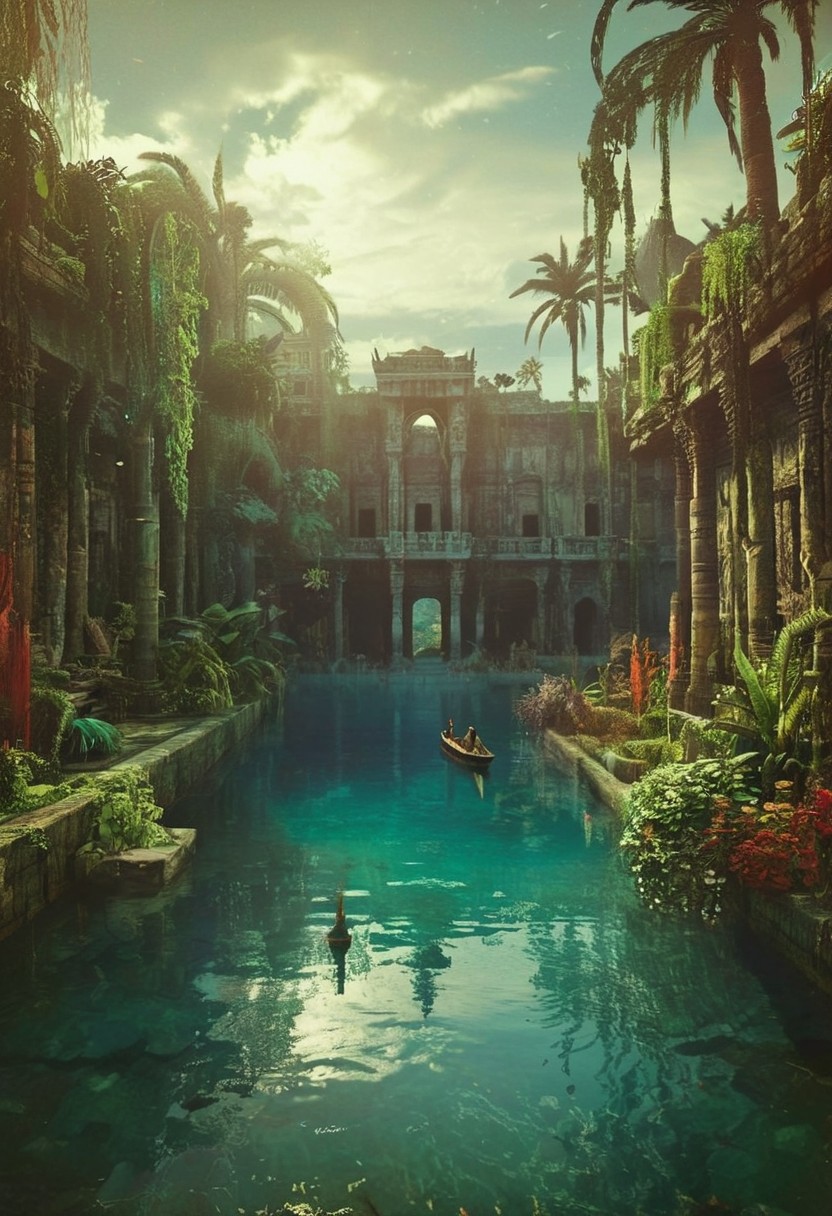 Three women stand on a boat floating in the water in front of the lush and magnificent Hanging Gardens of Babylon. The scene is captured in somber tones and a bleak atmosphere, reminiscent of dark art by an ancient artist. The women appear as if they are bathing, evoking the image of a female Atlas. The boat is a massive wooden galley with vibrant yet bleaked translucent red sails, adorned with an ancient Atlantean emblem. The galley floats quietly on a calm, pale sea under a nearly clear sky with few clouds, in sweltering heat.
The background is detailed and atmospheric, with a haze adding to the cinematic quality of the image. The overall mood is epic and moody, with a high-budget, cinemascope feel. The image has a film grain and is very detailed, reminiscent of a 2000s vintage RAW photo, with a photorealistic, candid camera effect. The color grading is cinematic, with eye-catching light and natural imperfections, captured with a shallow depth of field.
The Hanging Gardens are depicted as immense, lush terraces with cascading steps around a vibrant crystal turquoise and deep blue tiled swimming lake, inviting one to take a bath. The gardens are lavishly adorned with marble and crafted from the finest stones. The pastel-hued tiled steps are teeming with exotic plants, creating a vibrant and verdant paradise. Birds flit gracefully among the foliage, enhancing the enchanting ambiance of this ancient marvel.