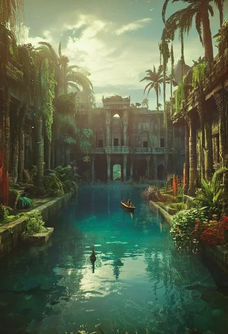 Three women stand on a boat floating in the water in front of the lush and magnificent Hanging Gardens of Babylon. The scene is captured in somber tones and a bleak atmosphere, reminiscent of dark art by an ancient artist. The women appear as if they are bathing, evoking the image of a female Atlas. The boat is a massive wooden galley with vibrant yet bleaked translucent red sails, adorned with an ancient Atlantean emblem. The galley floats quietly on a calm, pale sea under a nearly clear sky with few clouds, in sweltering heat.
The background is detailed and atmospheric, with a haze adding to the cinematic quality of the image. The overall mood is epic and moody, with a high-budget, cinemascope feel. The image has a film grain and is very detailed, reminiscent of a 2000s vintage RAW photo, with a photorealistic, candid camera effect. The color grading is cinematic, with eye-catching light and natural imperfections, captured with a shallow depth of field.
The Hanging Gardens are depicted as immense, lush terraces with cascading steps around a vibrant crystal turquoise and deep blue tiled swimming lake, inviting one to take a bath. The gardens are lavishly adorned with marble and crafted from the finest stones. The pastel-hued tiled steps are teeming with exotic plants, creating a vibrant and verdant paradise. Birds flit gracefully among the foliage, enhancing the enchanting ambiance of this ancient marvel.