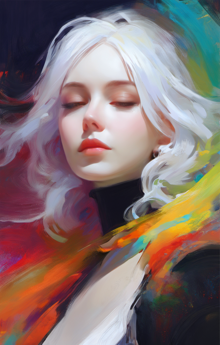 (Style by NTY:1.4), a woman, black shirt, white hair, intricate, colorful, <lora:OilPaint:0.7>