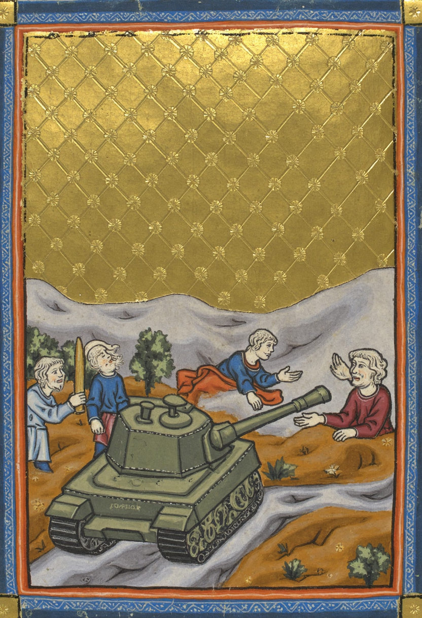 an illuminated manuscript illustration of a tank on the battlefield, golden haggadah style