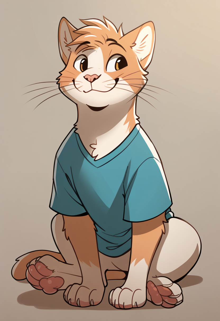 high quality, hires, by braeburned, furry, 1boy, solo, cat, shirt, full body, smile, closed mouth, whiskers, close up, <lora:Braeburned_style:1>
