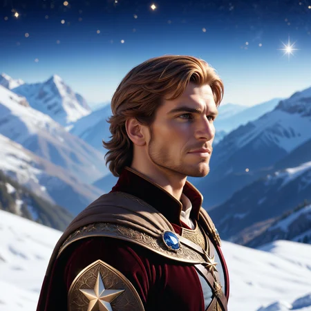 Jed-dtl, <lora:Jedtailer-000005:0.6>, Portrait, landscape of a Varied Award-Winning Mediterranean and Snow-covered mountains, Leo constellation background, Visual novel, Bronzepunk, Depth of field 100mm, Cinestill, epic atmosphere, sharp focus, glossy, badge, delicate, ambient, fertile, ambient light