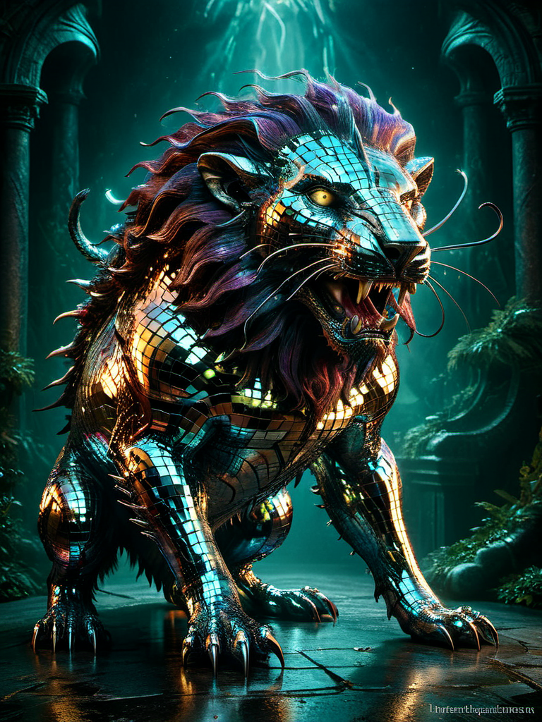 award winning photograph of a mad-dscbll manticore with terrifying roar made of mad-dscbll in wonderland, colorful light reflections, magical, whimsical, fantasy art concept, steampunk, intricate details, best quality, masterpiece, ultra shartp, hyper realistic, realism <lora:Disco_Style_SDXL:0.9>