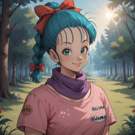 score_9, score_8, BREAK, solo, Bulma_(Dragon_Ball), blue hair, hair bow, braided ponytail, purple scarf, green eyes, cute girl, pink shirt, short sleeves, self portrait, smile, looking at viewer, outdoors, sunlight, shadows, evening lighting, natural lighting, forest, trees, grass, orange sky, sunset