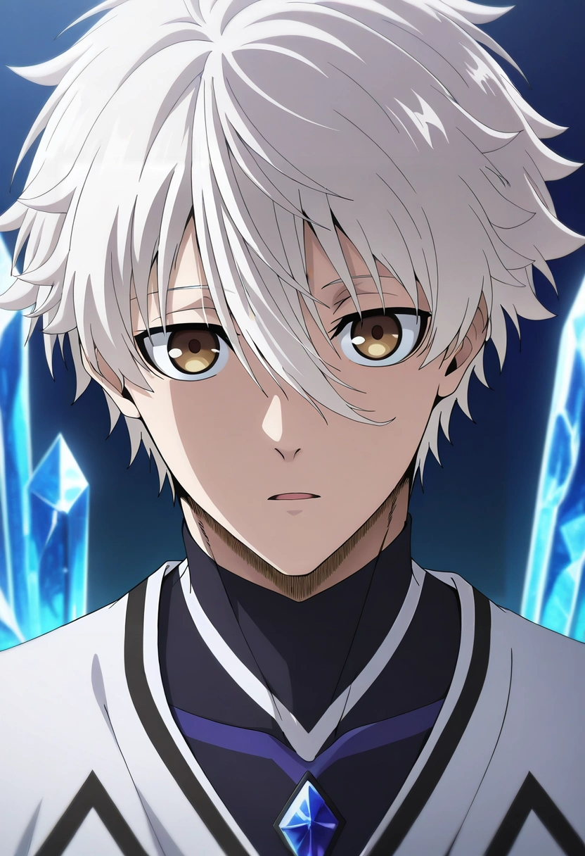 masterpiece, best quality, intricate details, anime screencap, anime coloring, , looking at viewer, depth of field, 1boy, solo, male focus, <lora:seishirou_nagi_ilxl:0.92>, seishirou_nagi, white hair, brown eyes, short hair, bangs, hair between eyes, crystal throne, geometric patterns, light cascades, power flows, regal pose, commanding expression, morning,