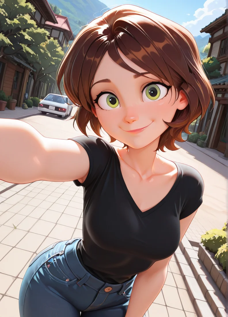 masterpiece, best quality, amazing quality, very aesthetic, absurdres, newest, detailed background, cowboy shot, outdoors, looking at viewer, official style, dynamic angle,
cassxd, 1girl, solo, short hair, brown hair, green eyes, looking at viewer, collarbone, black shirt, medium breasts, smile, posing, denim pants, 
 <lora:Aunt_Cass_Hamada_-_Disney_Illustrious:1>