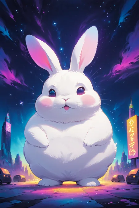 cosmic canvas, neon city background, painting of a chubby rabbit, <lora:Cosmic_Canvas_SDXL:1>