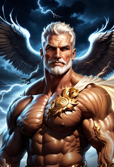 4k, digital art, semi realistic, fantasy, best quality, masterpiece, very detailed, dynamic angle, dynamic pose, close up, face focus, face portrait of a male bodybuilder, huge bodybuilder, mature, massive arms, huge pectorals, short hair, white hair, white beard, long beard, handsome, big nose, big eyes, anime eyes, greek god, wearing a greek tunic, ancient greece, fighting, with a golden thunder, surrounded by a storm, night sky on the background, an eagle flying on the background (cinematic light, volumetric),