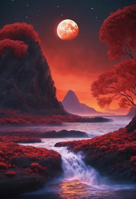 cinematic, (masterpiece), (best quality), (ultra-detailed), very aesthetic, illustration, perfect composition, intricate details, absurdres, ( masterpiece, intricate:1.3), (best quality, hires textures, high detail:1.2), (4k),(incredibly detailed:1.4)
Pool of lava, mist, rocks, red lotus, glittery mist, moonlight, sky, lots of stars in the sky, water reflections of the night sky, lotus floating on water, flower petals in the water, moon in the sky, <lora:more_details:0.5>