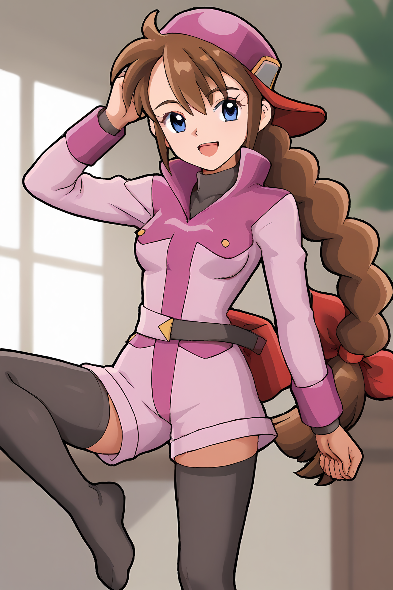 (pink jacket black turtleneck pink shorts belt black thighhighs:1.30), cra-liv, pink cap, backwards cap, blue eyes, brown hair, single braid, bangs, red hair ribbon, 
medium breasts, 1girl, solo, skinny, (source_anime, score_9, score_8_up, score_8, score_7_up), score_7, score_6_up, score_6, score_5_up, score_5, 
(happy:1.10),
(indoors:1.10),
(:1.20), (feet:1.20),
<lora:cra-liv-V03-000004:1.00>