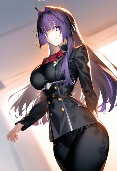 (score_9, score_8_up, score_7_up, source_anime) (masterpiece:1.2, best quality), (finely detailed eyes: 1.2) (ultra-detailed, hires), (detailed face, detailed eyes), (best illumination), detailed glow, high contrast, looking at viewer, ((solo)), emotionless, smile, squinted eyes, closed mouth, 1girl, solo, (large breasts, thin waist, wide hips), raiden_mei, ((dark_purple hair)), indigo eyes, long hair, blunt bangs, ((red peacoat, closed peacoat, black trousers)), face shot, cowboy shot, no background, empty background, (masterpiece, best quality, very aesthetic, absurdres), (ultra detailed perfect piece:1.2), illustration, masterpiece, (extremely detailed CG 8k), (very fine 8K CG), <lora:add-detail-xl:-1>