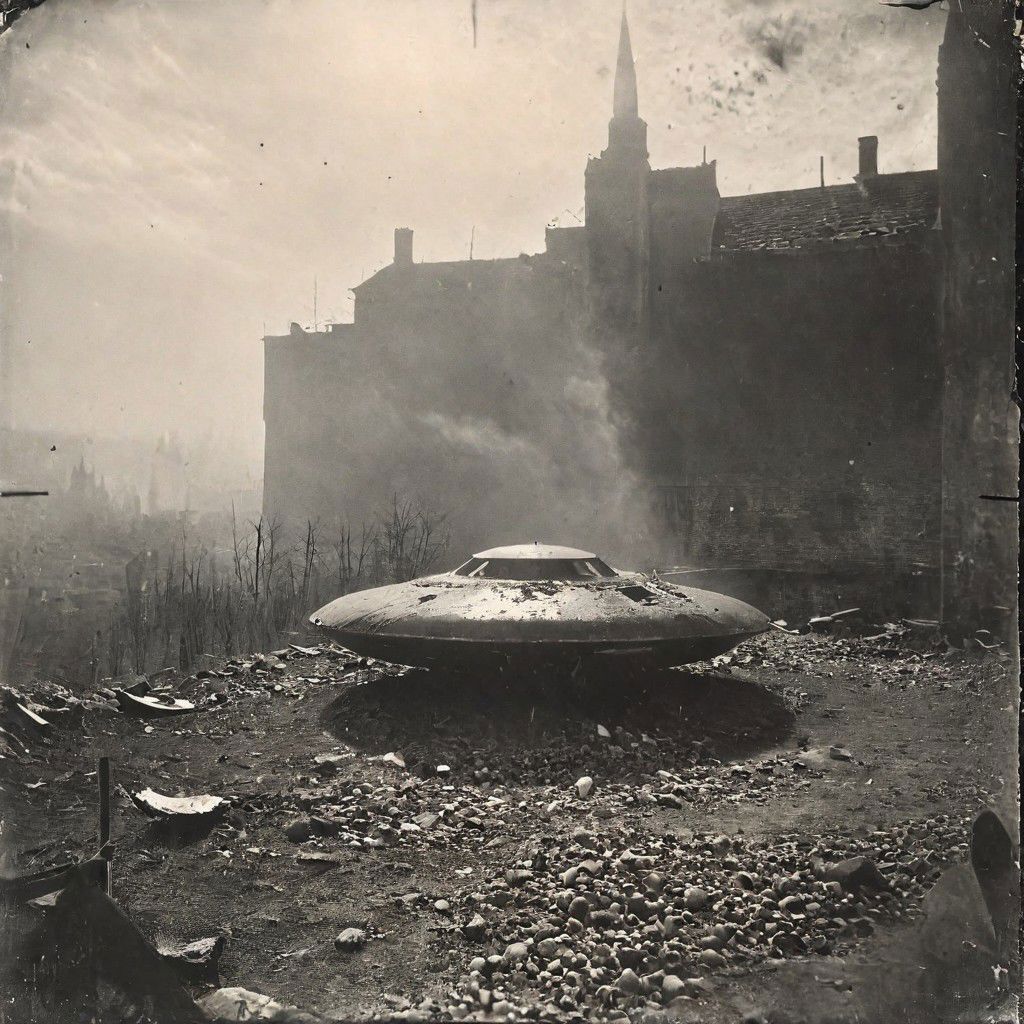 B&W 35mm vintage photo of a UFO in a WW2 picture, destroyed city backdrop