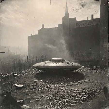 B&W 35mm vintage photo of a UFO in a WW2 picture, destroyed city backdrop