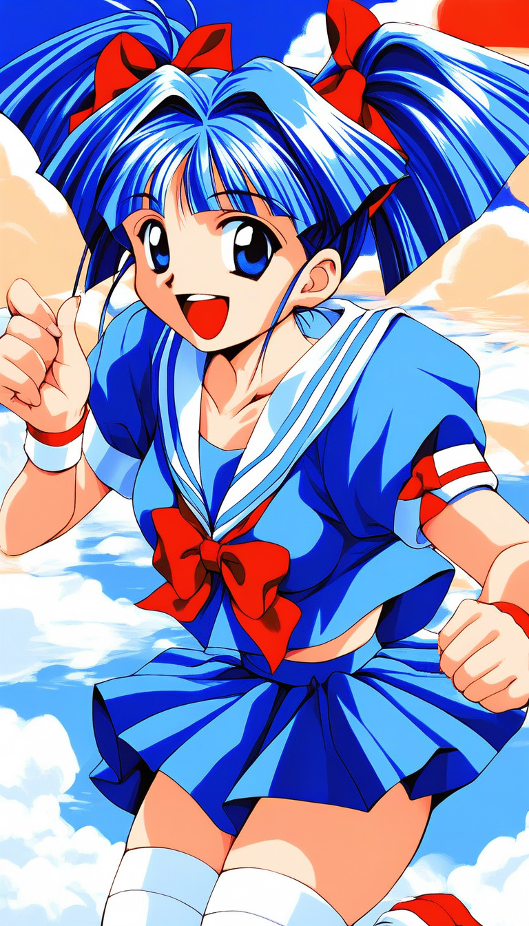 score_9, score_8_up, score_7_up, source_anime, rating_explicit, BREAK   <lora:Tomohara_Atsuko_XL:1> TomoharaAtsuko, blue hair, blue eyes, twintails, hair bow, medium breasts, red bow, long hair, 1990s \(style\),
1girl, solo, thighhighs, skirt, bow, open mouth, white thighhighs, wristband, blue skirt, blue serafuku,
outdoor, sky,
smile,
looking at viewer, 
cowboyShot,