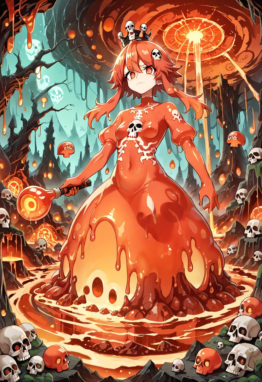 score_9, score_8_up, score_7_up,source_anime, masterpiece, high score, great score, absurdres, slimes_skullwm, made of skulls, anime queen formed of lava-red slime and scorched bones, molten glow seeping from skull eye sockets, slime crown floats above her, surrounded by loyal skeletal slime beasts, lava pools bubble in the distance