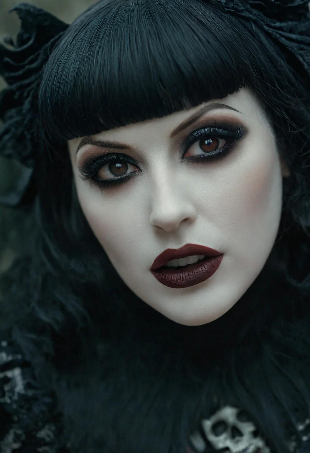 Dark art chdmchlwrd style, close up of a beautiful goth, glamour shoot, macabre, sinister, extremely lifelike, realistic skin texture, raytracing, sharp focus, 8k, hdr, masterpiece, photography, dslr, kodachrome, 35mm photograph, analog film, professional, highly detailed