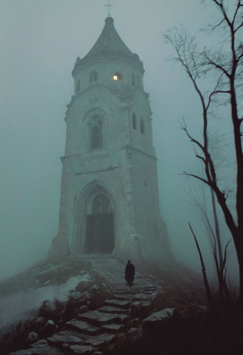 soaked_brand_pfeffi_KB, In a grainy, hand-held video, a lone explorer explores an old and abandoned church on a foggy night. As he climbs the spiral staircase, strange whispers and ghostly moans fill the air. Once at the top, he encounters a monstrous, ethereal creature with tentacles and several glowing eyes. The chaotic and static shots capture the horror of the explorer and the eerie presence of the creature.