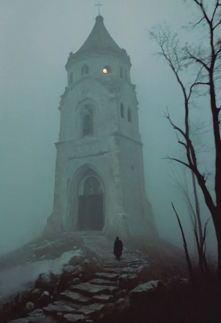 soaked_brand_pfeffi_KB, In a grainy, hand-held video, a lone explorer explores an old and abandoned church on a foggy night. As he climbs the spiral staircase, strange whispers and ghostly moans fill the air. Once at the top, he encounters a monstrous, ethereal creature with tentacles and several glowing eyes. The chaotic and static shots capture the horror of the explorer and the eerie presence of the creature.