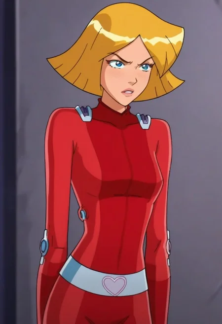 masterpiece,best quality, highly detailed, score_9, score_8_up, score_7_up, score_6_up, source_cartoon, BREAK, 1 girl, cloverts, \(totally spies\), blonde hair, blue eyes, red bodysuit,