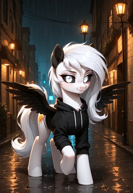 score_9, score_8_up, score_7_up, score_pony, zPDXL3, Albina, 1girl, wild pony, pony, white fur, long white mane, (black sclera:1.1), pale white eyes, (glowing white eyes:1.1), glowing eyes, (black wings:1.4), black ears, wearing a hoodie, standing in the rain under a dim streetlight. The scene is dark and somber—wet cobblestone streets reflect the faint glow of distant city lights. The pony's wings are slightly drooped, their expression filled with quiet sorrow, as if burdened by an unseen loss. A cold wind blows, ruffling their mane and hood, while raindrops streak down like silent tears. The atmosphere is heavy with loneliness and longing, evoking a sense of tragic beauty. BREAK (masterpiece:1.3), (best quality:1.3), (ultra-detailed:1.3), (cinematic lighting:1.2), (depth of field:1.1), (sharp details:1.1)