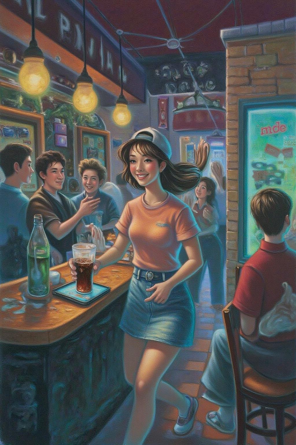 magr1 illlustration.
The air buzzes with the energy of a busy bar, a mix of music, conversation, and the clinking of glasses. A barmaid, the embodiment of youthful vibrancy, navigates the lively scene. She wears a peach-coloured T-shirt, the soft fabric contrasting with the smooth, cold glass of coke she carries on a small tablet. Her short skirt adds a playful touch, and a backwards baseball cap hints at a carefree attitude. The setting and atmosphere are palpable: the warm, slightly sticky surface of the bar counter under her fingertips, the dim, colourful lighting that casts playful shadows. Sensory details are abundant: the condensation forming on the glass of coke, the texture of her denim skirt, and the way the bar lights catch the highlights in her hair. Her confident stride, her quick smile, and her efficient movements. Stylistically, the image draws inspiration from the vibrant, candid shots of nightlife photographers, with a touch of the stylized realism found in contemporary illustration. There's a deliberate contrast between the barmaid's youthful energy and the slightly worn, lived-in atmosphere of the bar, creating a dynamic and engaging image.   <lora:magr1_cap_d6a3e12:1.0><lora:828091766789095791:0>