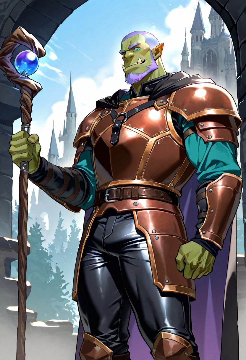 score_9,score_8_up,score_7_up, score_9, score_8_up, Intricate Details, Masterpiece, Best Quality, 1man, mature, bara, solo, male focus, bulky, correct anatomy, perfect hands, stylized seinen anime style, lots of details, shaded skin, shaded, detailed shading, detailed skin, counter shading, orc, green skin, ruggedly handsome, lavender colored hair, buzz cut, lavender colored facial hair, full beard, light blue eyes, leather armor, cape, tight pants, resting in a ruined castle, holding a magic staff, smiling, morning, outside