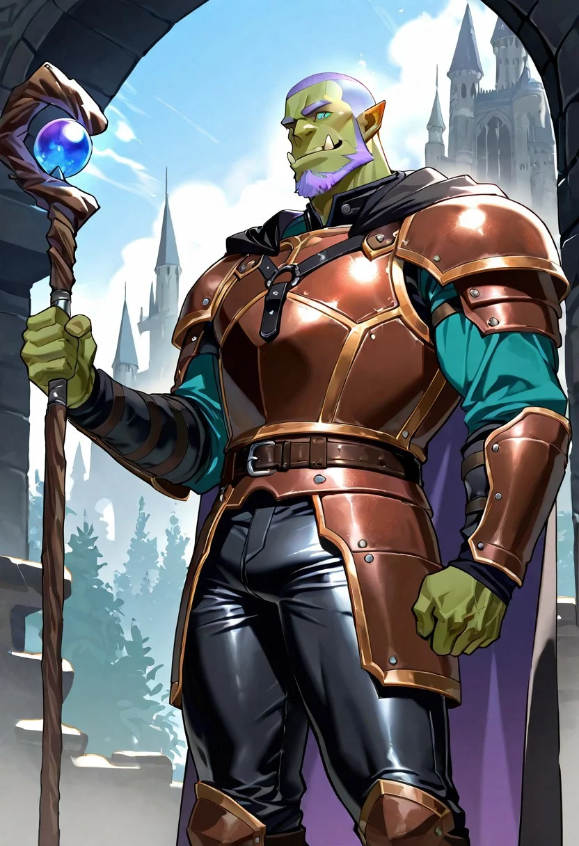 score_9,score_8_up,score_7_up, score_9, score_8_up, Intricate Details, Masterpiece, Best Quality, 1man, mature, bara, solo, male focus, bulky, correct anatomy, perfect hands, stylized seinen anime style, lots of details, shaded skin, shaded, detailed shading, detailed skin, counter shading, orc, green skin, ruggedly handsome, lavender colored hair, buzz cut, lavender colored facial hair, full beard, light blue eyes, leather armor, cape, tight pants, resting in a ruined castle, holding a magic staff, smiling, morning, outside